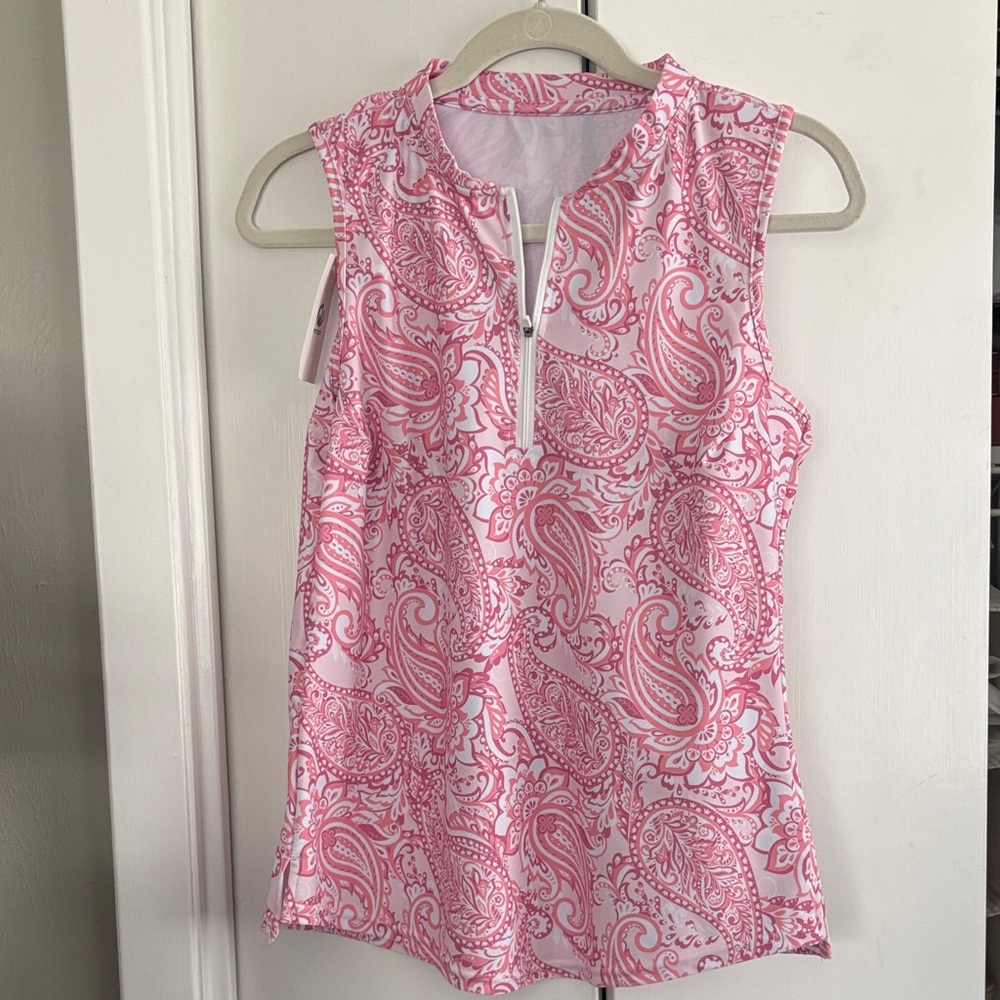 Ladies GOLF - Sleeveless Pink Paisley Zip-Front
